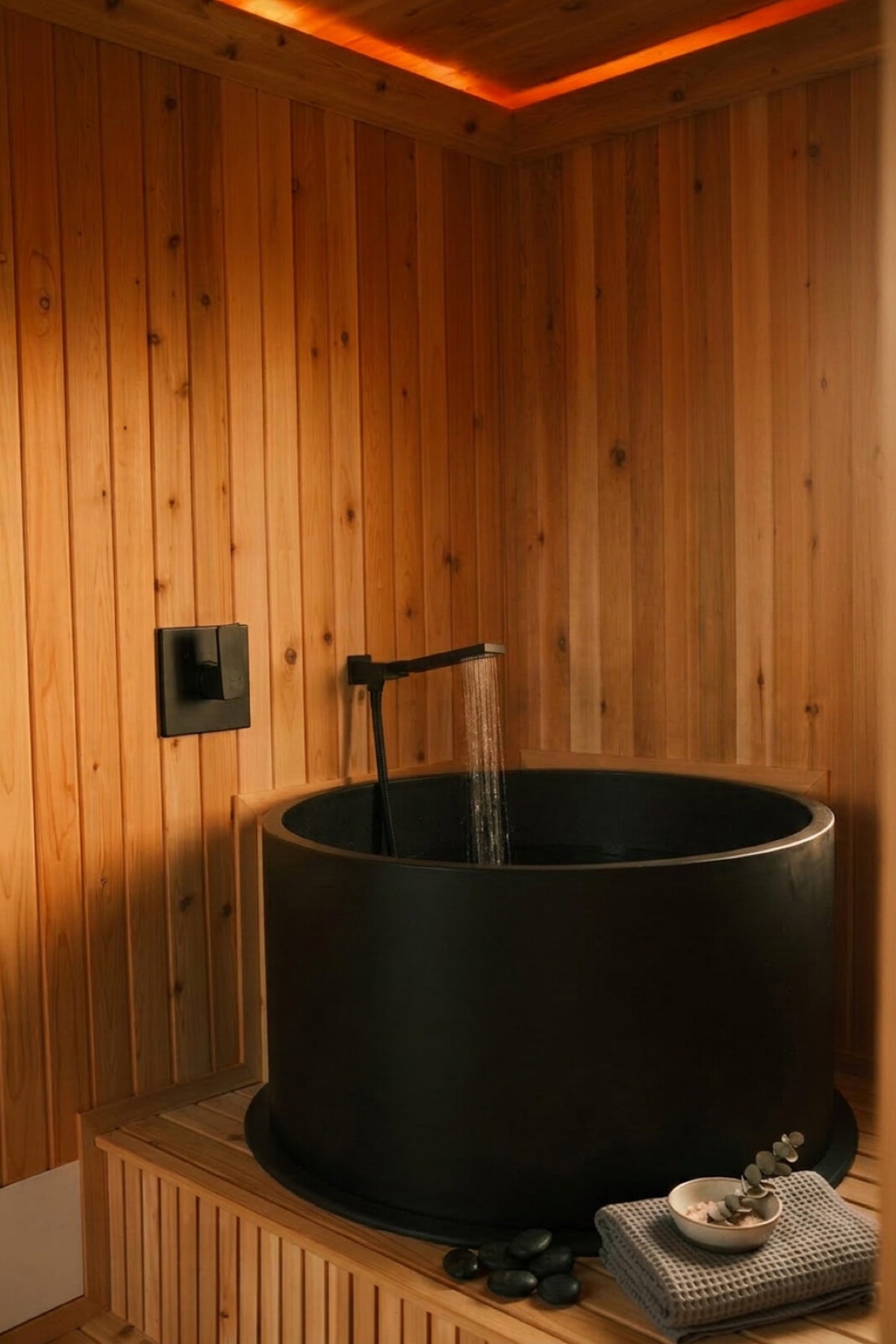 Cold plunge in the cedar cabin