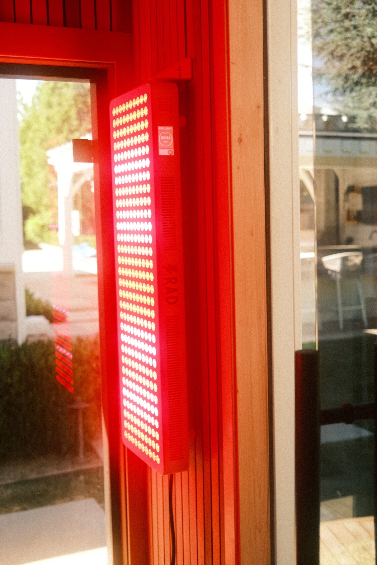 Red light therapy panel inside the sauna